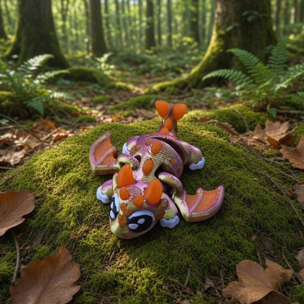HPHobbies Adventure Tales Dragon Princess 3D printed articulated toy in purple and orange on a mossy forest floor