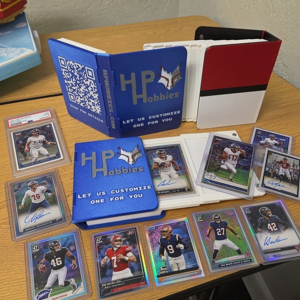 HPHobbies custom card binder with blue and red-white designs, featuring protective sleeves for trading card storage.