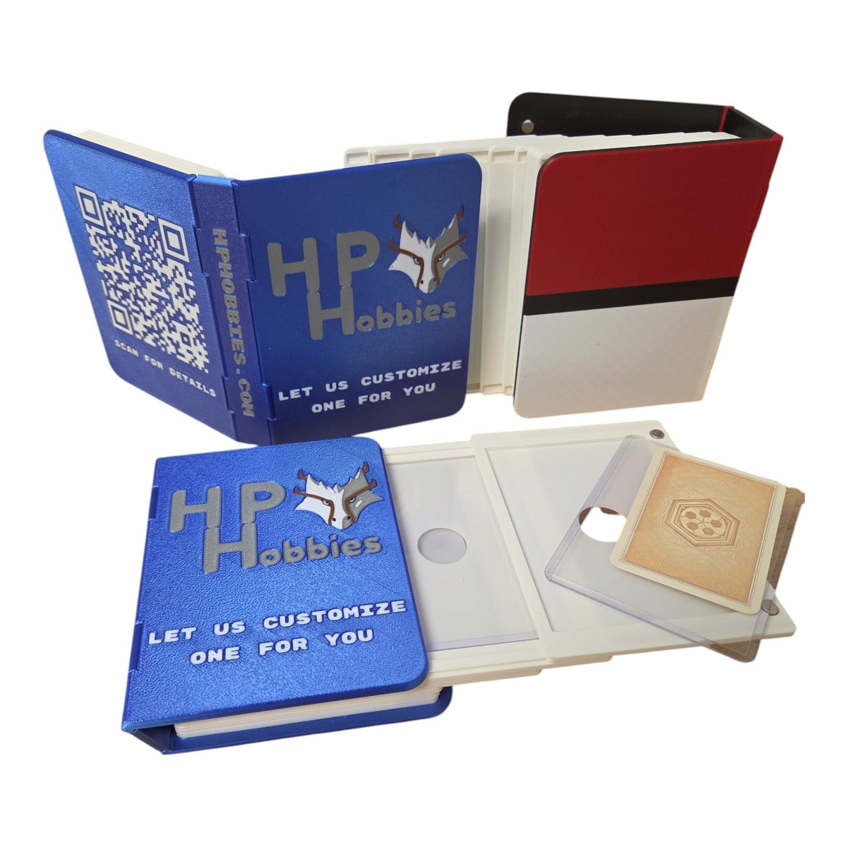 HPHobbies custom card binder with blue and red-white slide-out display pages for trading card protection
