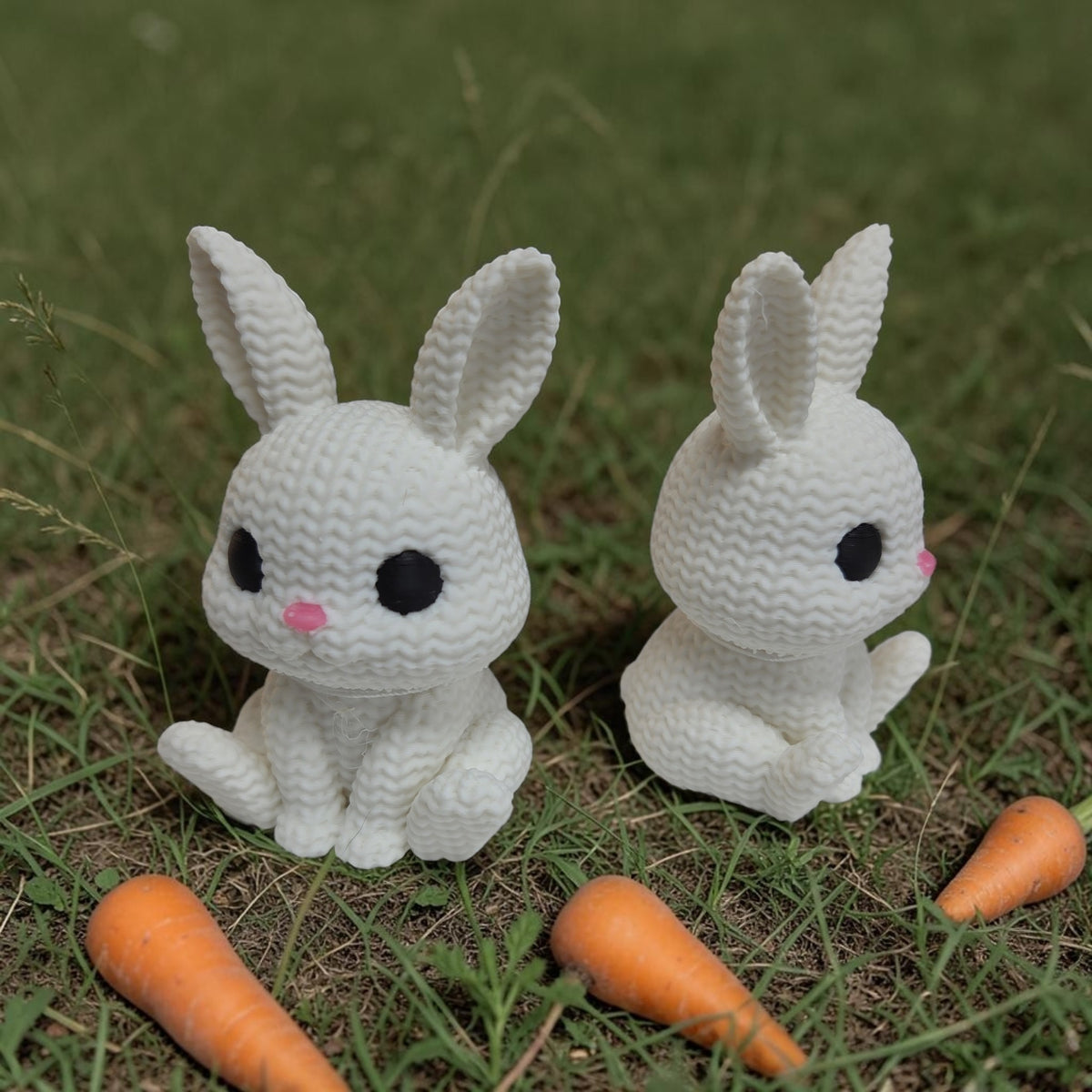 Two HPHobbies white 3D printed faux knit rabbit figures with pink noses sitting on grass with small carrots