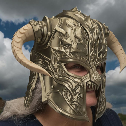 HPHobbies Viking helmet featuring intricate gold metal detailing and curved cream-colored horns worn by a person