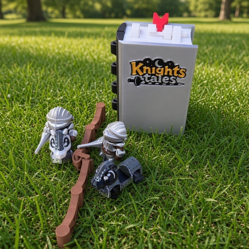 HPHobbies Knight Tales adventure book playset with two jousting knights, armoured horses, and a fence on green grass.