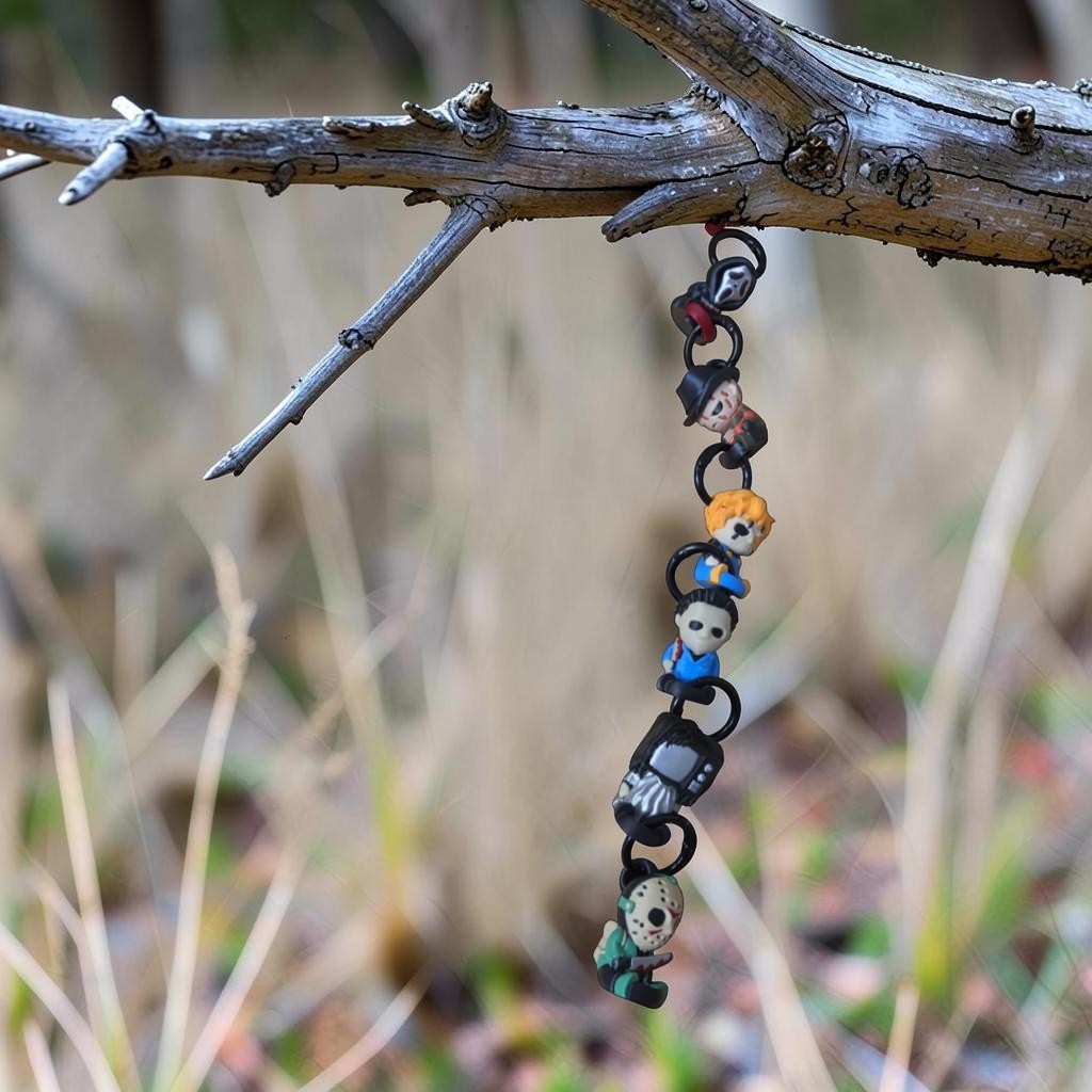 HPHobbies Linklet collectible horror character figurines snapped together as a keychain hanging from a tree branch.