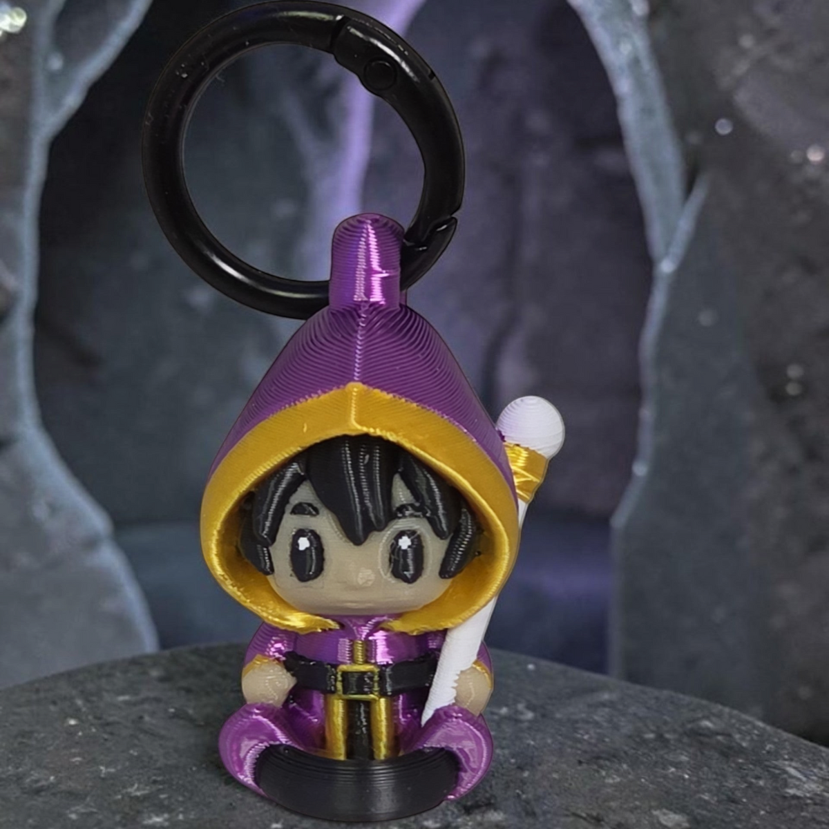 HPHobbies Linklet collectible wizard figurine keychain in purple and gold with a black snap-on clasp