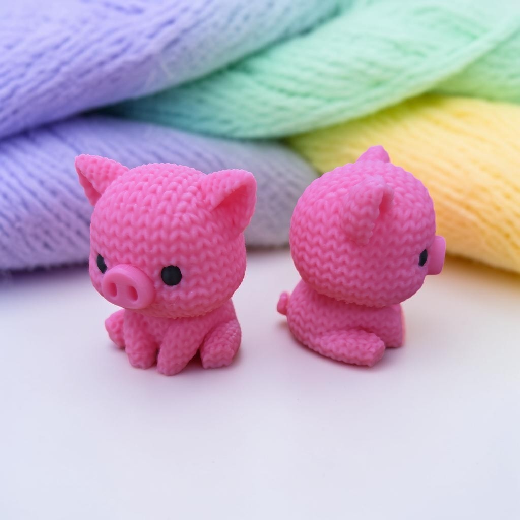 Two HPHobbies pink 3D printed pig figurines with a faux knit texture sitting in front of soft pastel yarn