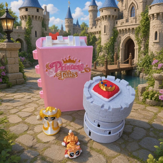 HPHobbies Princess Tales adventure book playset with princess figure, cat, crown on pillow, and collapsible tower.