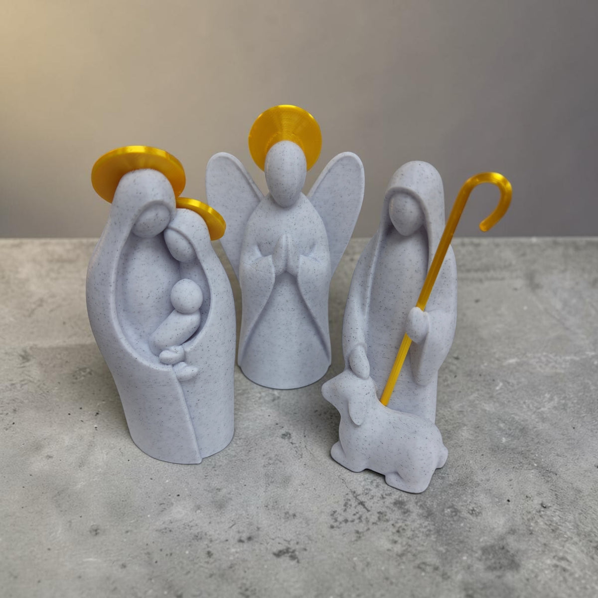 HPHobbies 3-piece Sacred Home Nativity set featuring a speckled grey Blessed Family, Praying Angel, and Divine Shepherd.