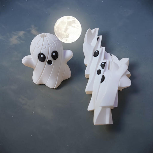 HPHobbies Slinky Ghost toy featuring a white flexible 3D printed design with a cute face against a full moon background