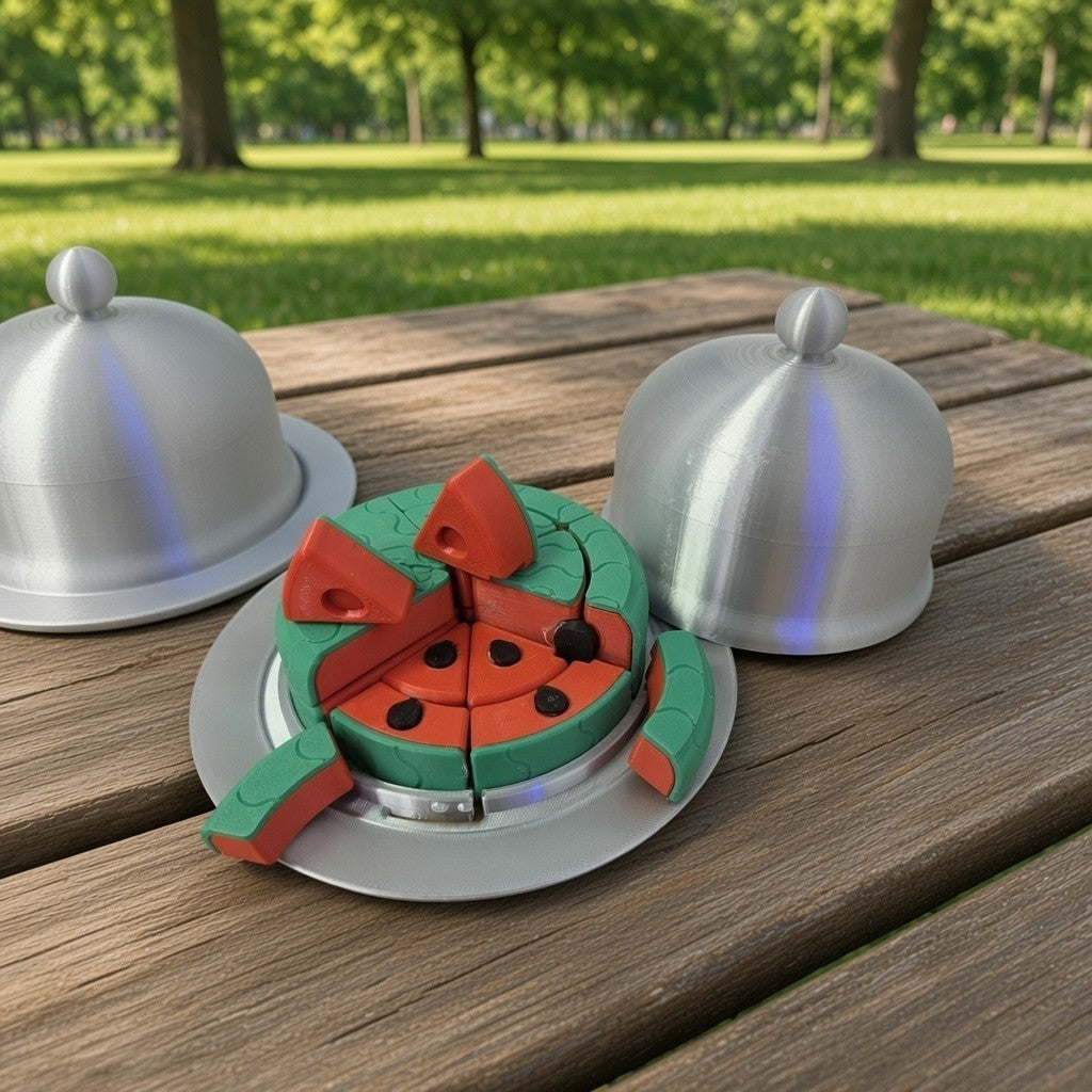 HPHobbies Layered Puzzles watermelon design 3D printed puzzle on a silver plate with a matching dome cover