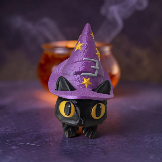 HPHobbies Witch Kitty candy holder featuring a black cat wearing a purple star-patterned witch hat in front of a cauldron